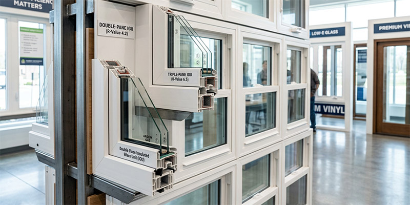 Multiple vinyl window units stacked indoors, showing double and triple-pane window frames ready for installation