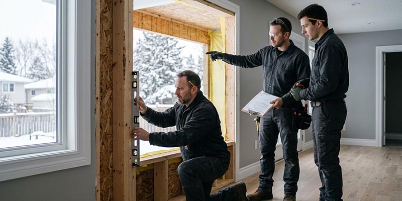 Professional window installers evaluating the window opening before installation in a Canadian home