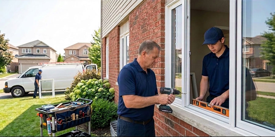 Replacement windows companies install crew at work on an Ontario home
