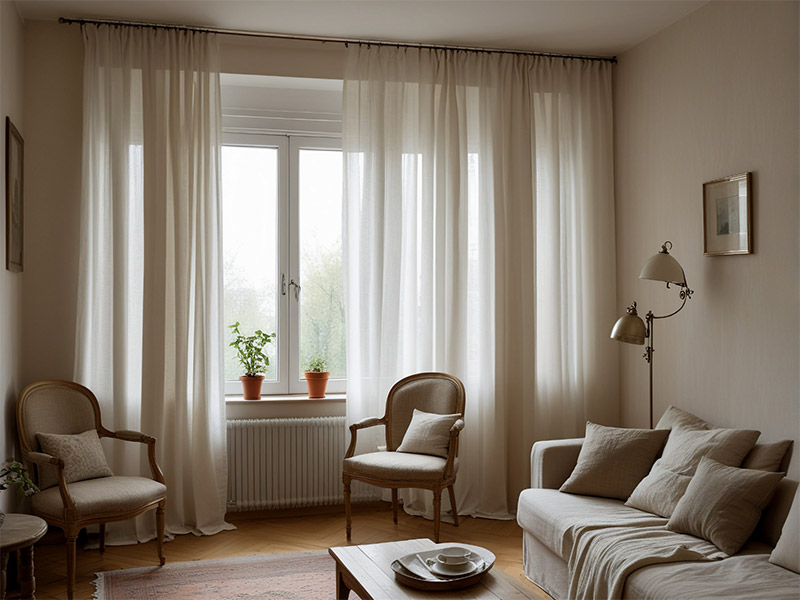 Modern living room interior with a large window providing natural light and an outdoor view