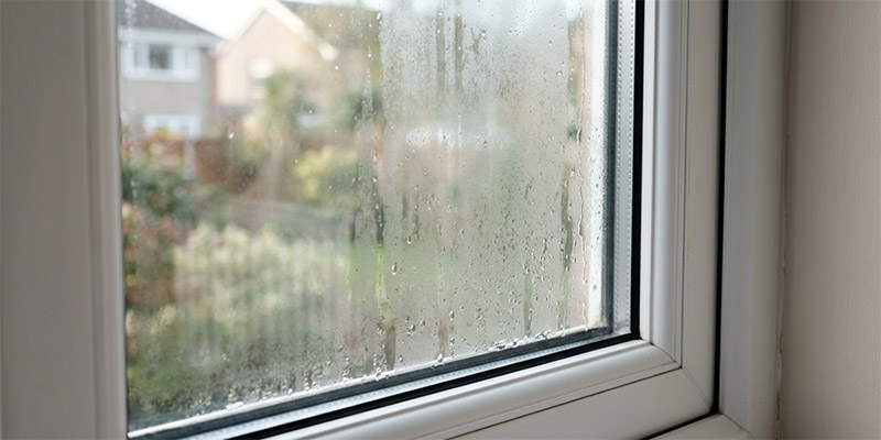 Condensation between window panes indicating seal failure