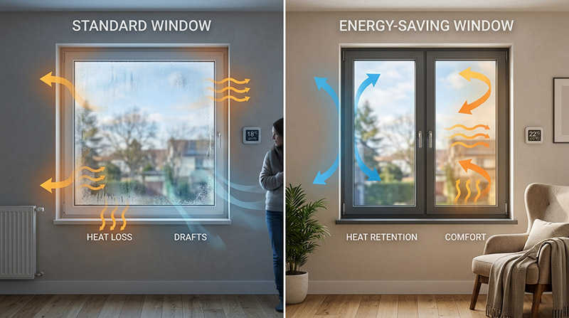 Side-by-side comparison of standard windows and energy-efficient windows showing insulation performance