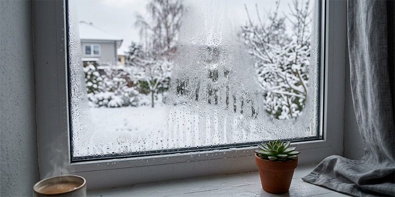 Condensation on the inside of the window during winter due to the temperature difference